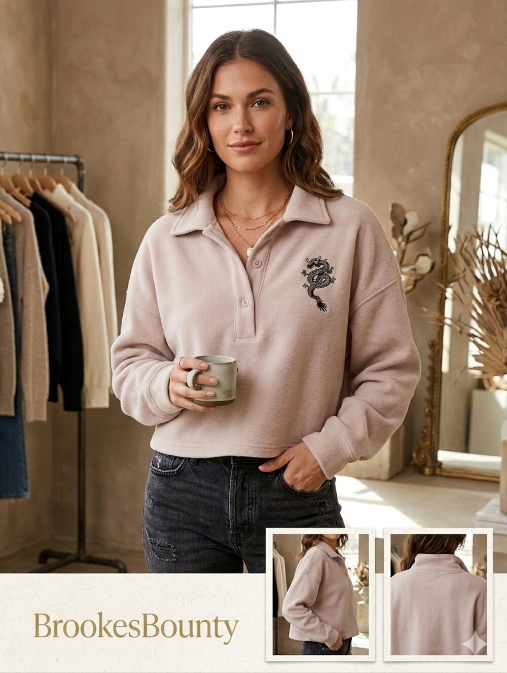 Orange Kiss Cropped Beige Dragon Detail Collared Button Front Sweater Top Shirt